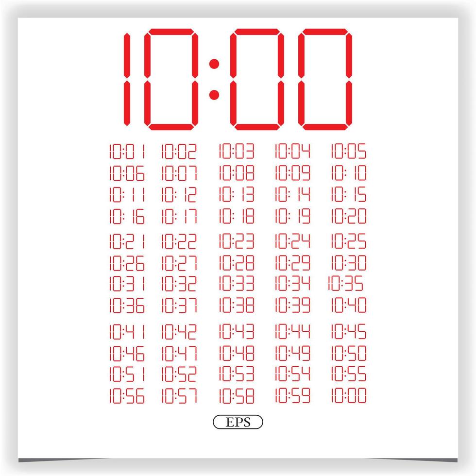 digitale klokclose-up die 10 uur weergeeft. rode digitale klok nummer set elektronische cijfers premium vector