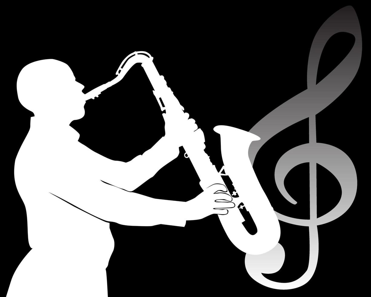 zwart silhouet van een saxofonist op een zwarte achtergrond vector