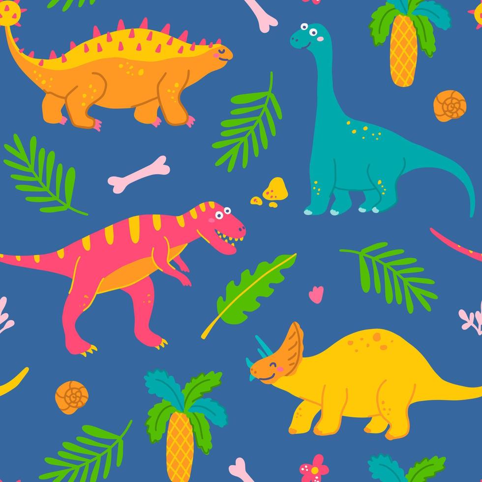 schattige dinosaurussen en tropische planten, kleurrijke kinderprint voor stof, ansichtkaarten. vector naadloos patroon