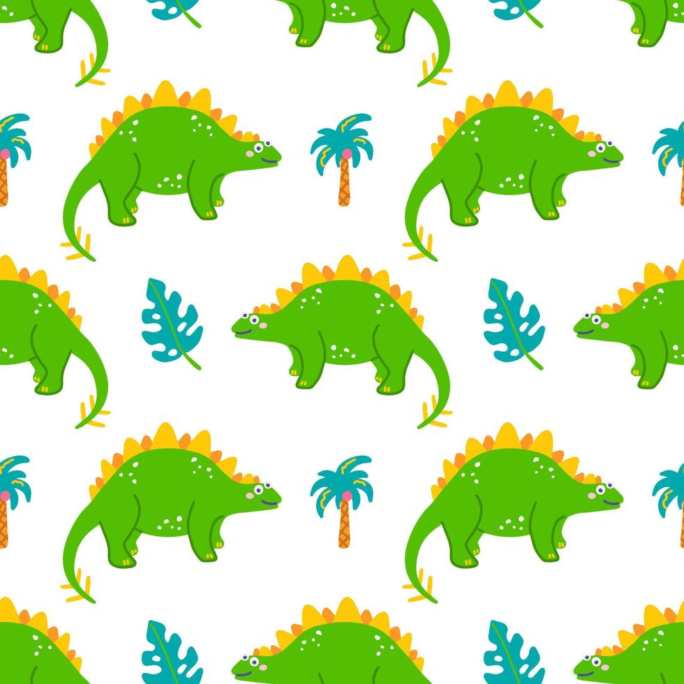 schattige dinosaurus stegosaurus met palmbomen en monster, vector naadloos patroon op witte achtergrond, kinder print voor kleding, ansichtkaarten