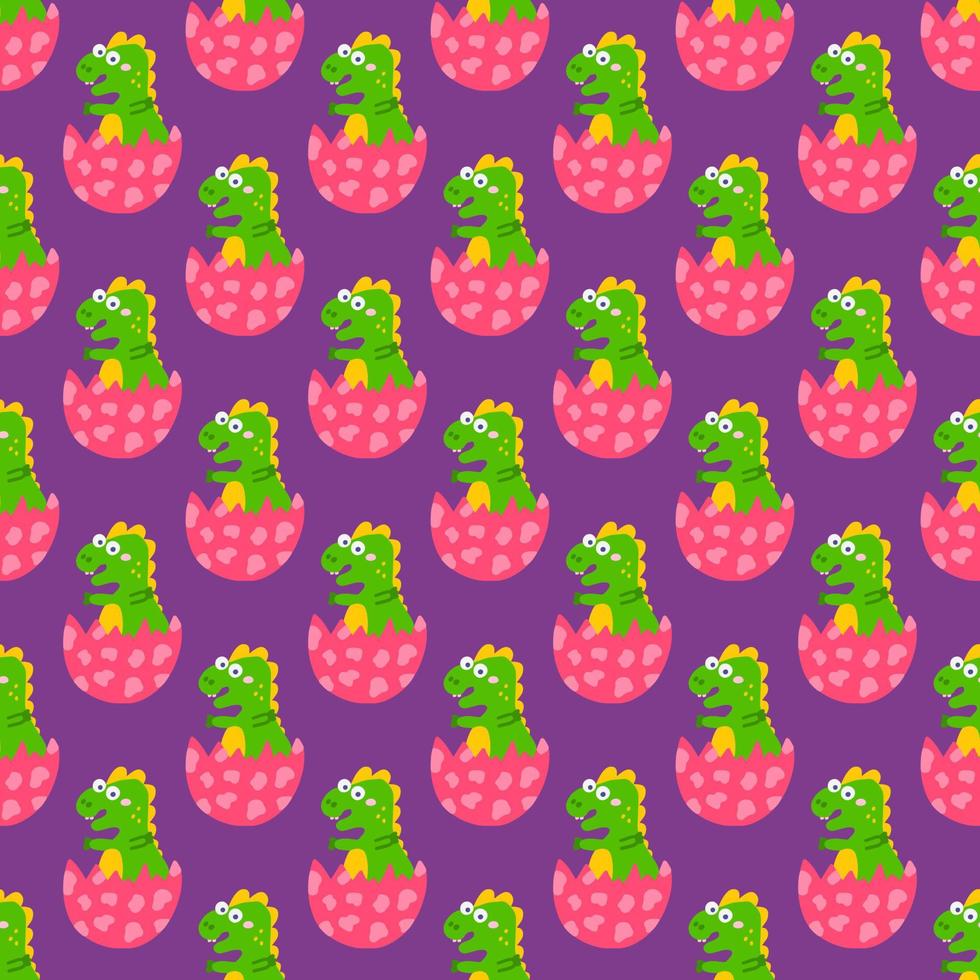 leuke grappige dinosaurus uitgebroed uit een ei, vector naadloos patroon op paarse achtergrond, kinderprint voor kleding, ansichtkaarten