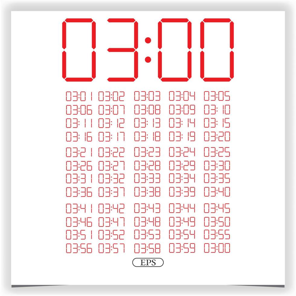 digitale klokclose-up die 3 uur weergeeft. rode digitale klok nummer set elektronische cijfers premium vector