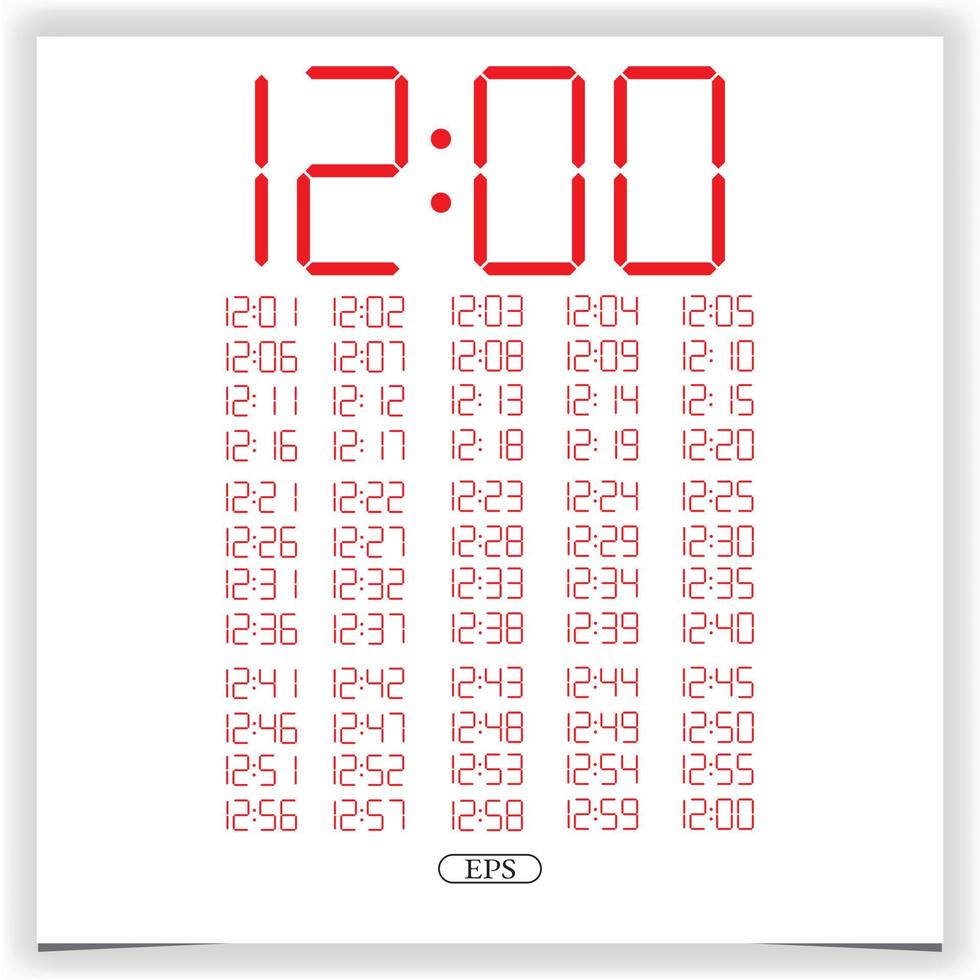digitale klokclose-up die 12 uur weergeeft. rode digitale klok nummer set elektronische cijfers premium vector