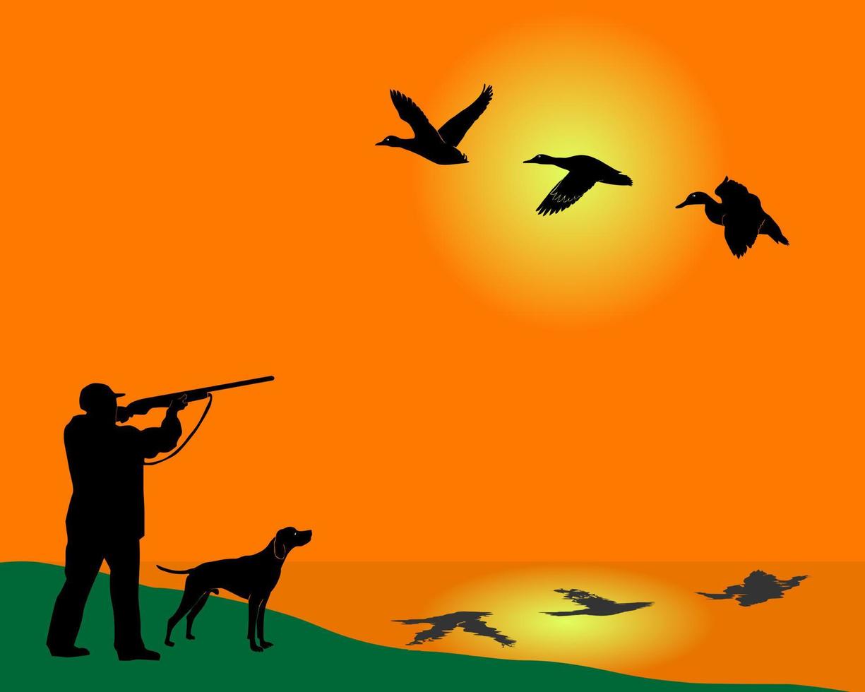 silhouet van de jager van eenden met een hond vector