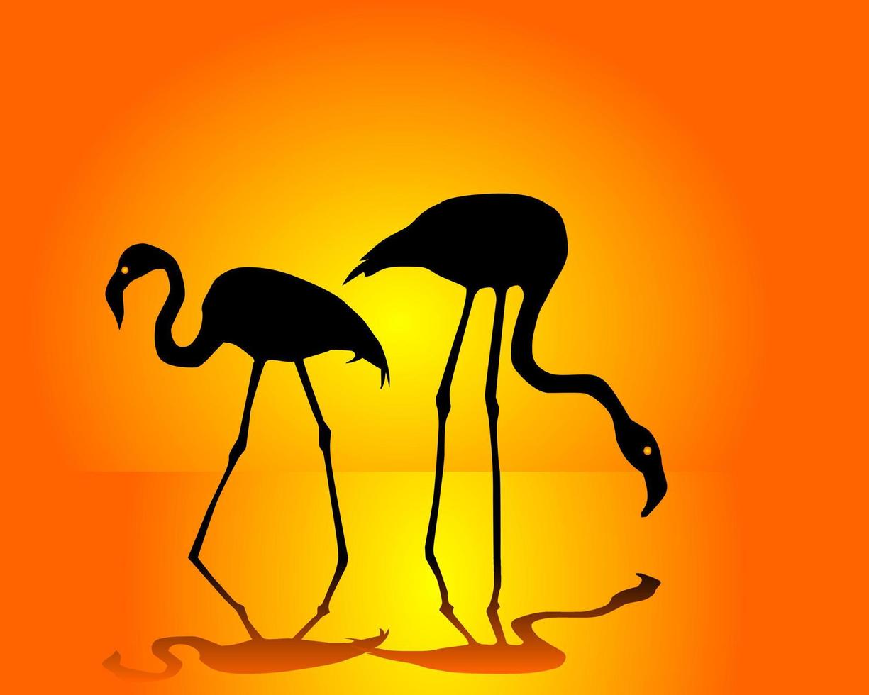 silhouetten van twee flamingo's op een oranje achtergrond vector