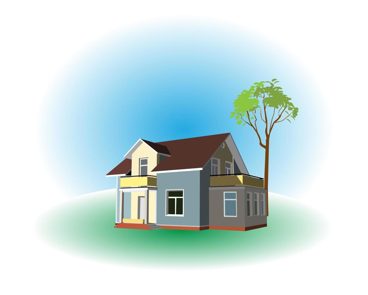 het huis met een eenzame boom op een groen gazon vector