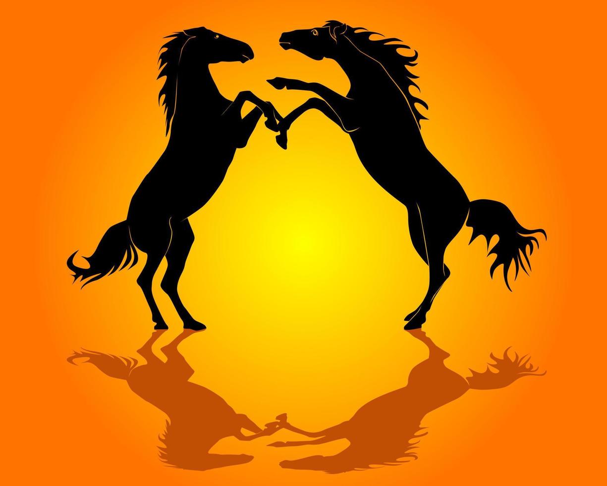 zwarte silhouetten van paarden op een oranje achtergrond vector