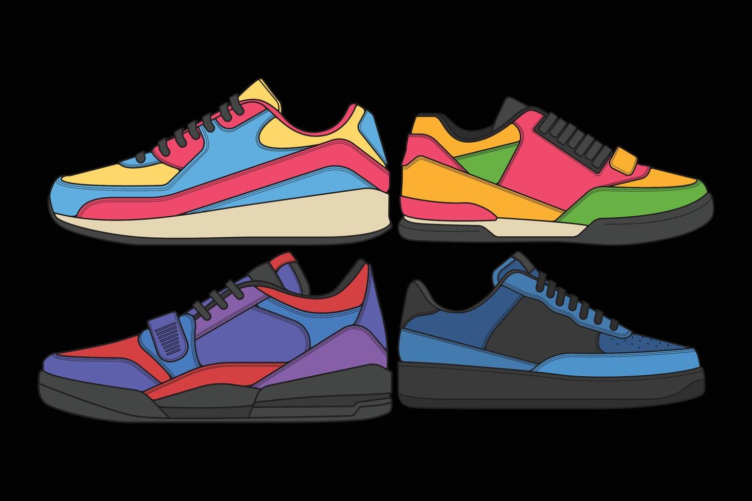 set coole sneakers. schoenen sneaker tekening vector, sneakers getekend in een schets stijl, sneaker trainers sjabloon, set collectie. vectorillustratie. vector