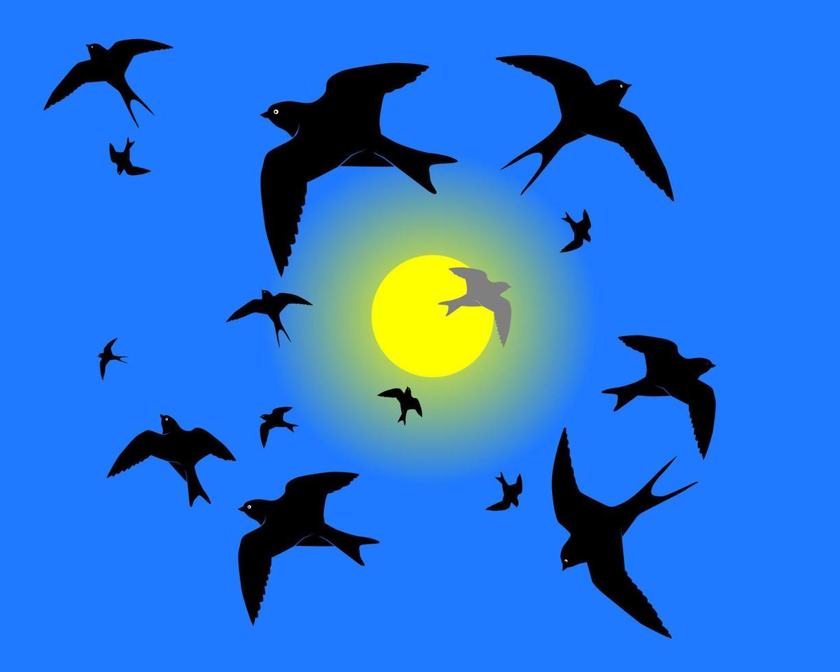 vliegende zwaluwen tegen de blauwe lucht en de zon vector