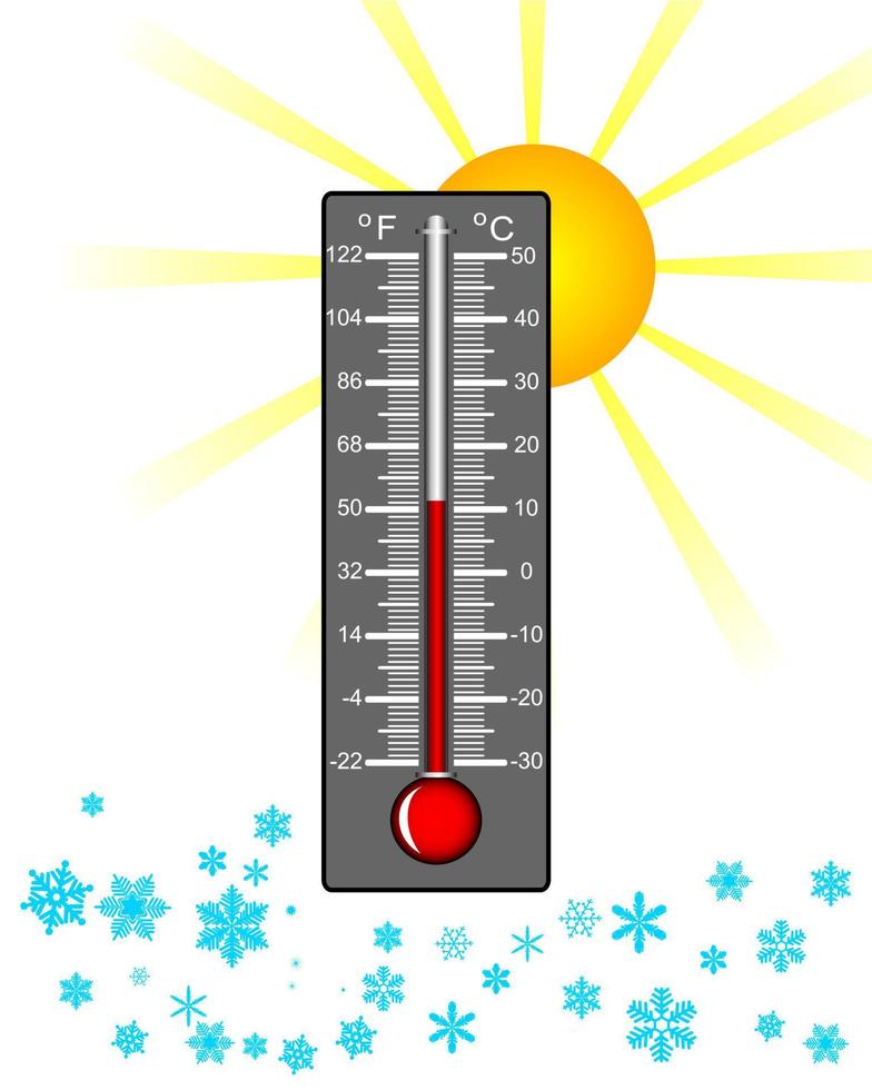 thermometer met sneeuwvlokken en zon vector