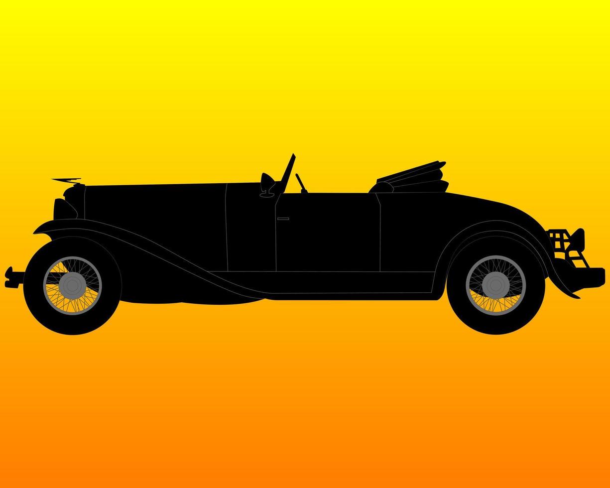 zwart silhouet van een oude cabrio op een oranje achtergrond vector
