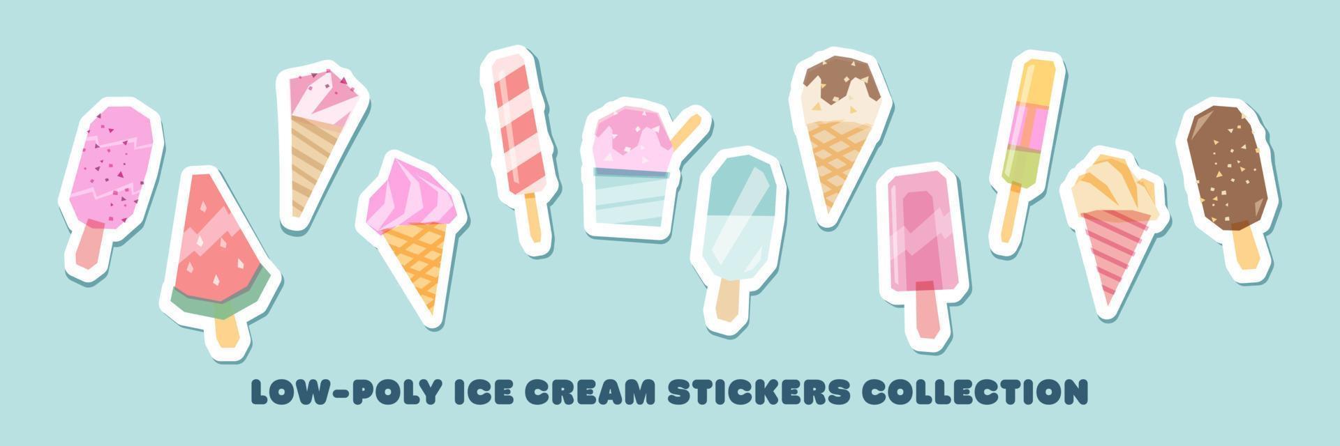 sappige ijs stickers collectie. set zomerijspictogrammen gemaakt in laag poly-opdruktechniek. vector voedsel ontwerpen