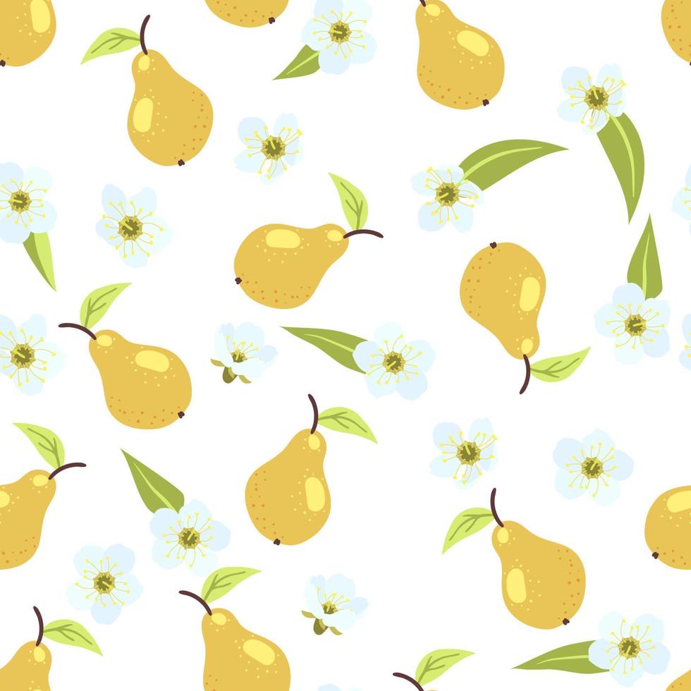 naadloze schattige zomer herfst peer patroon met fruit, bladeren, witte bloemen achtergrond. vectorillustratiedekking, behangtextuur, inwikkeling van achtergrond, vintage verpakking. vector