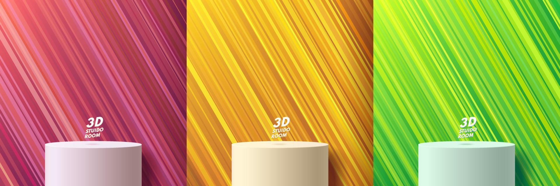 set van witte realistische 3d cilinder staan podium met diagonale streeplijn in gele, groene en roze kleur. vector abstracte geometrische vormen. minimale scène voor mockup-productshowcase, promotieweergave