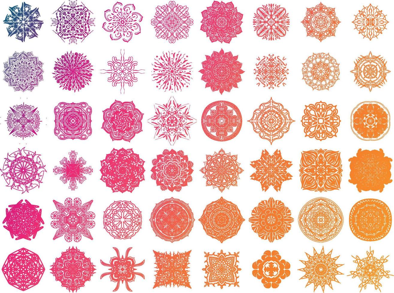 set van ronde kleurovergang mandala op witte geïsoleerde achtergrond. vector hipster mandala in groene, rode, blauwe, violette en roze kleuren. mandala met bloemmotieven. yoga sjabloon.