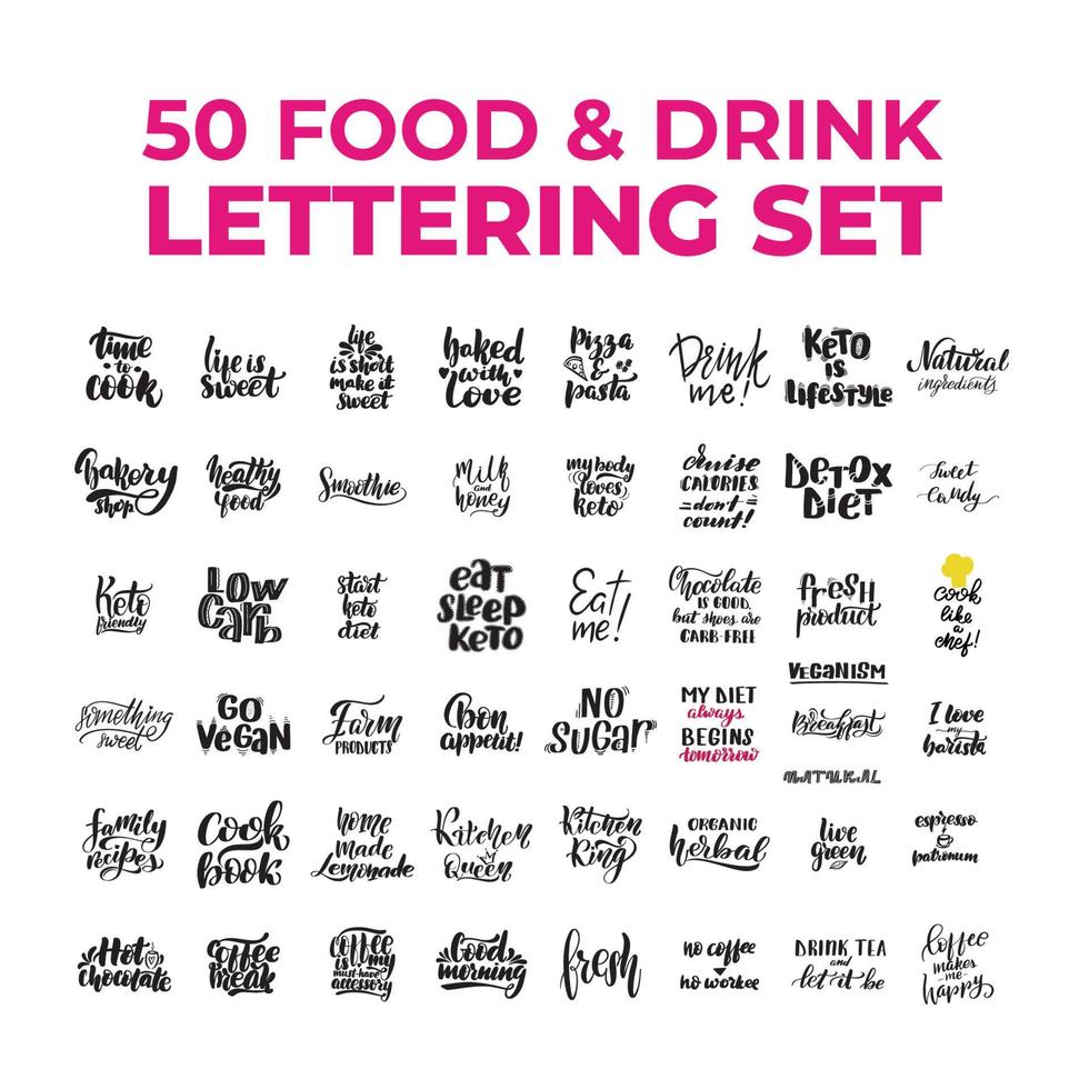 50 eten en drinken citaten set. inspirerende handgeschreven penseelbelettering. vector kalligrafie stock illustratie geïsoleerd op een witte achtergrond. typografie voor banners, badges, ansichtkaarten, tshirts, prints.