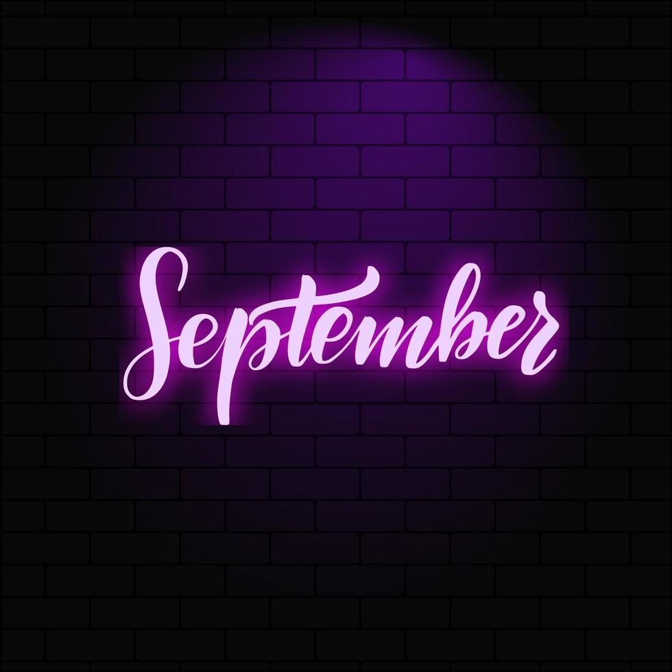 september. neon gloeiende letters op een bakstenen muur achtergrond. vector kalligrafie illustratie. typografie voor banners, badges, ansichtkaarten, tshirts, prenten, posters.