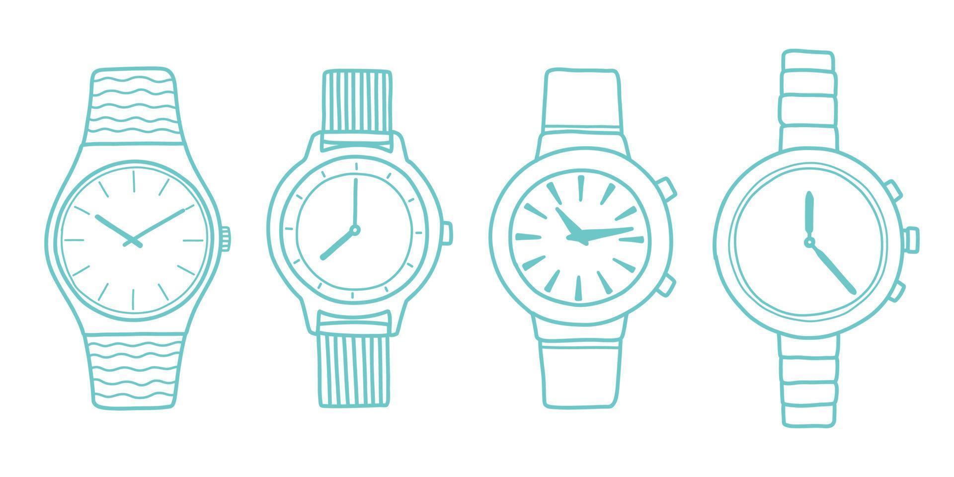 doodle horloge set, blauwe kleur vectorillustratie vector