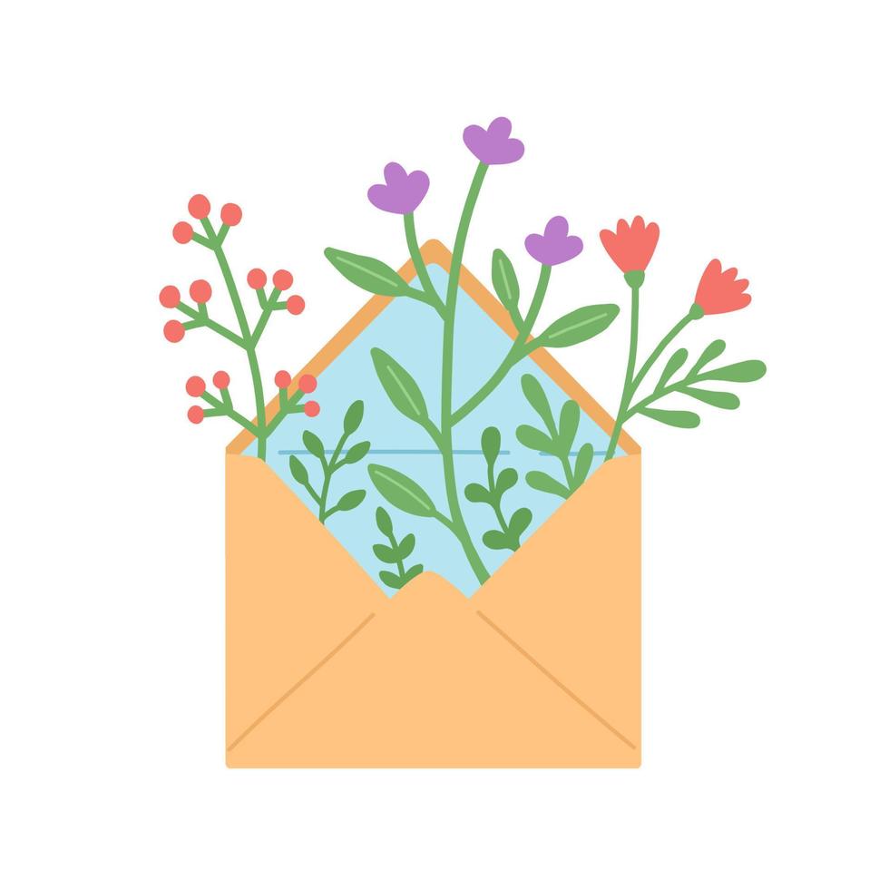 bloemen en bladeren in envelop, vectorillustratie vector