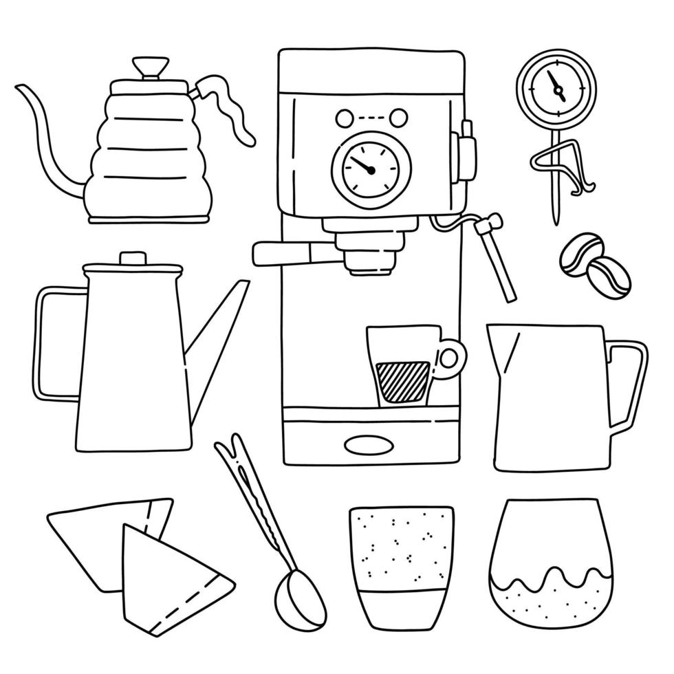 accessoires voor koffie lineart, zwart-wit doodle vectorillustratie vector