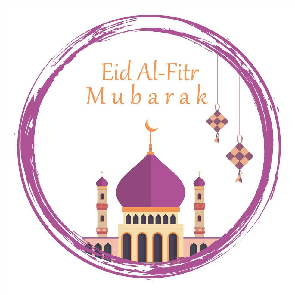 stijlvolle eid al-fitr mubarak met gouden teksteffect binnen ronde borstel, heilig festival van moslim, moslimmoskee, veelkleurige schaduw, paars, vectorillustratie van moskee, penseelstreek. vector