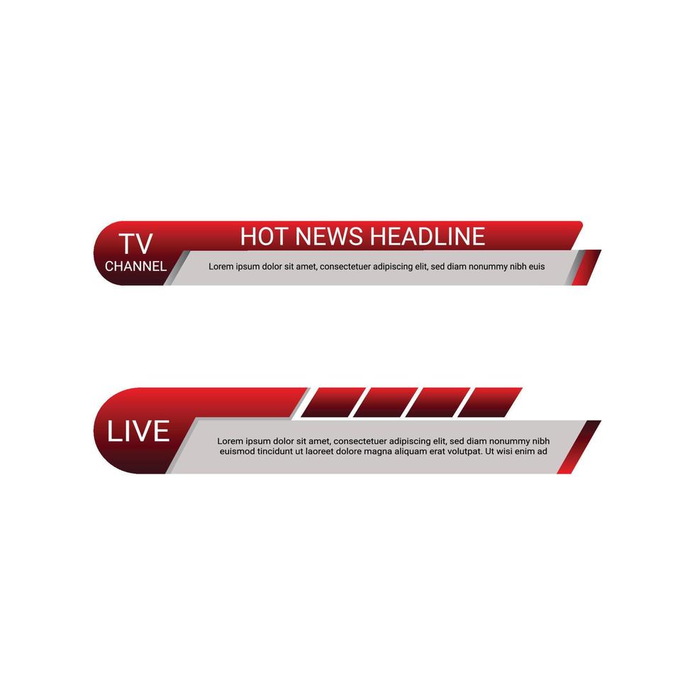 stijlvolle tv-kanaal live nieuwskop met metallic witte en rode kleurtint, live nieuwskop met tekstontwerp op kleurrijke metallic tint, lagere derde kop voor tv-nieuws. vector