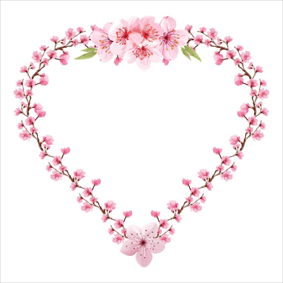hartvormige bloemenkrans met witte kern als achtergrond. kersenbloesem romantische roze krans voor bruiloft, datum, valentijnsdag en speciale gebeurtenis. afdrukbare hartkranssjabloon met vector
