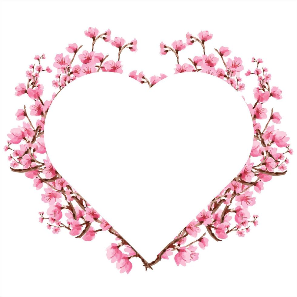 kersenbloesem bloemen wenskaart en uitnodiging sjabloon voor bruiloft of verjaardag, vector hart vorm van tekstvak label en frame, sakura bloemen krans klimop stijl met tak