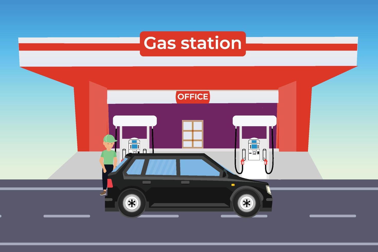 auto krijgt brandstof of gas van een benzinestation Vectorbeelden tankstationmedewerkers vullen een autobrandstoftank met benzine- of gasconcepten. man die gas vult in een benzine- en oliestation met kantoor binnen. vector