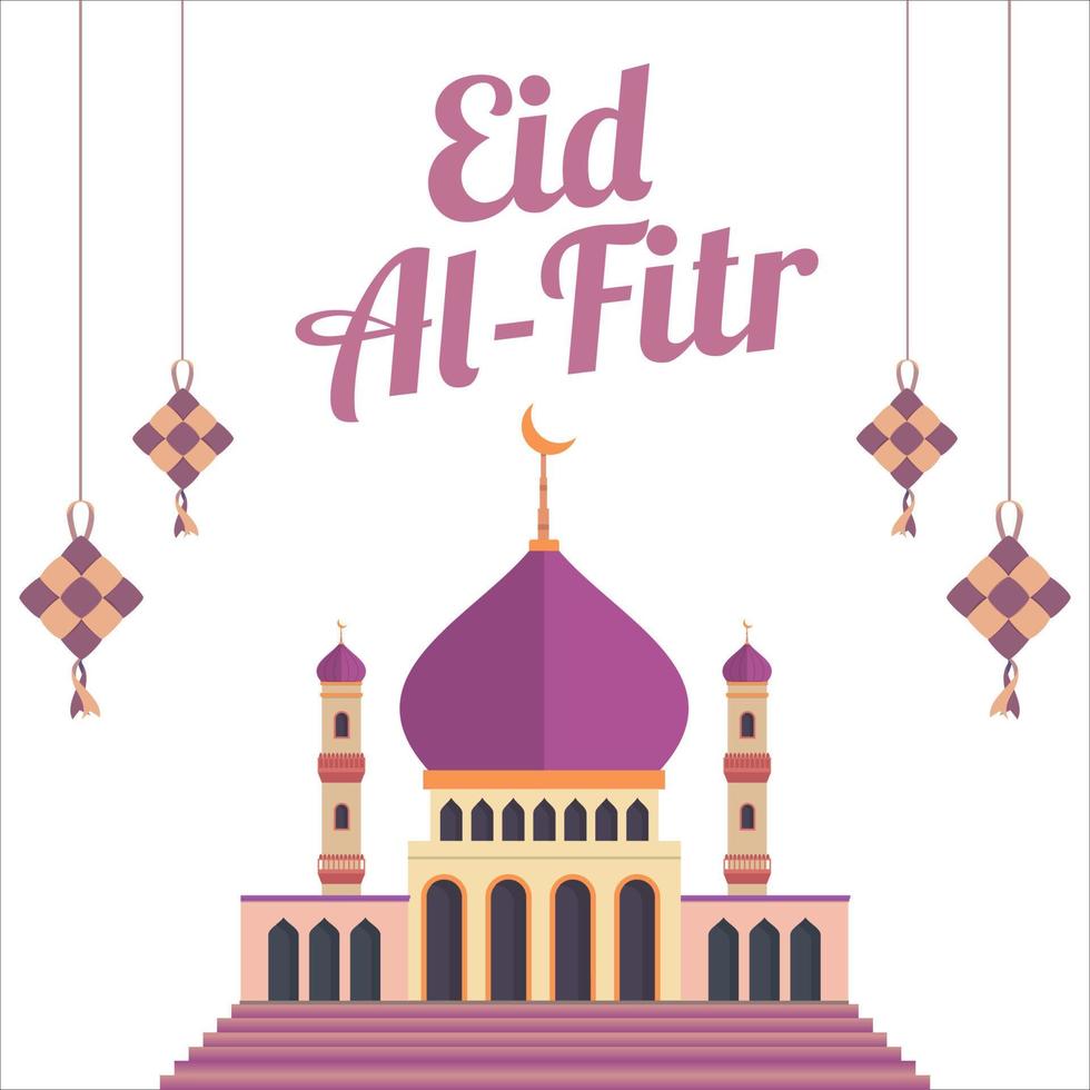 stijlvolle eid al-fitr mubarak met gouden teksteffect, heilig festival van moslim, moslimmoskee, veelkleurige schaduw, paars, vectorillustratie van moskee, vliegers hangen. vector