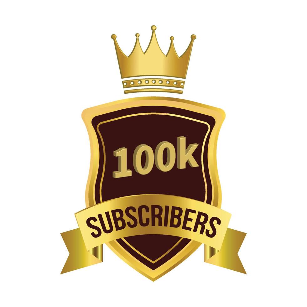 royale 100k abonneebadge met gouden kleurenlint en gouden koningskroon op witte achtergrond, donkere en gouden kleurtint met lint en koningskroon, 100k abonnee speciale gouden badge. vector