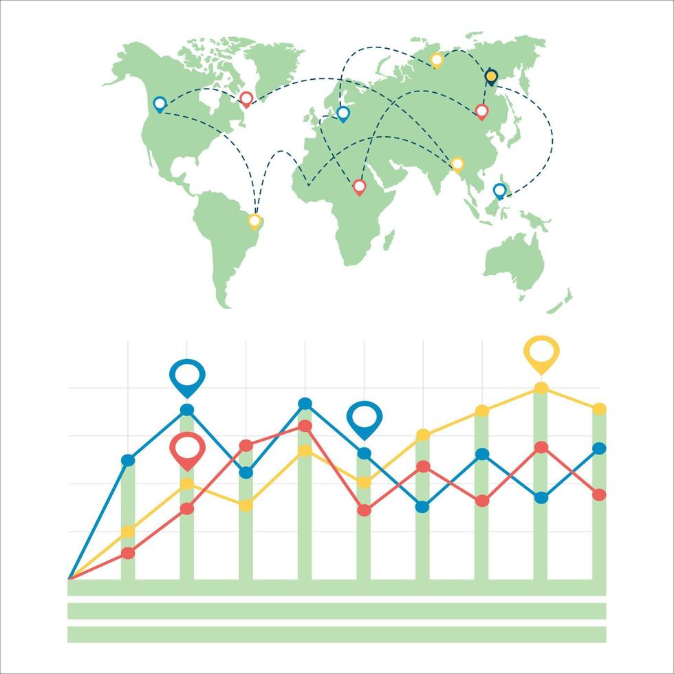 infographic elementontwerp voor locatie of presentatie op een witte achtergrond, gedetailleerde wereldkaart met grafiekgrafiek vectorachtergrond, wereldkaart met locatiewijzers en grafiekgrafiekvector. vector