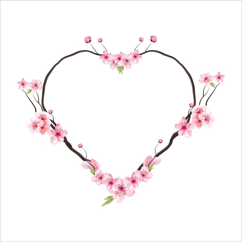 kersenbloesem bloemen wenskaart en uitnodiging sjabloon voor bruiloft of verjaardag, vector hart vorm van tekstvak label en frame, sakura bloemen krans klimop stijl met tak