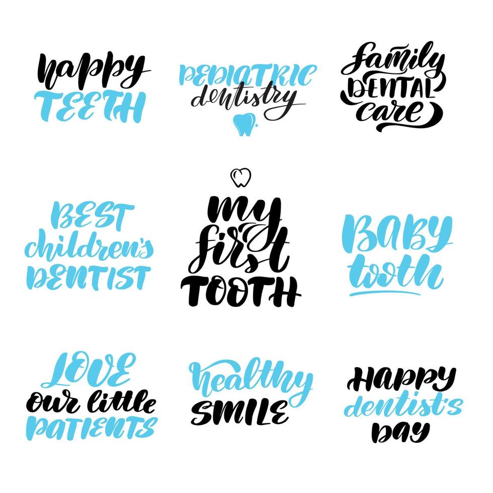 pediatrische tandheelkunde belettering citaten set. inspirerende handgeschreven penseelbelettering. vector kalligrafie stock illustratie geïsoleerd op wit. typografie voor banners, badges, ansichtkaarten, tshirts, prints.