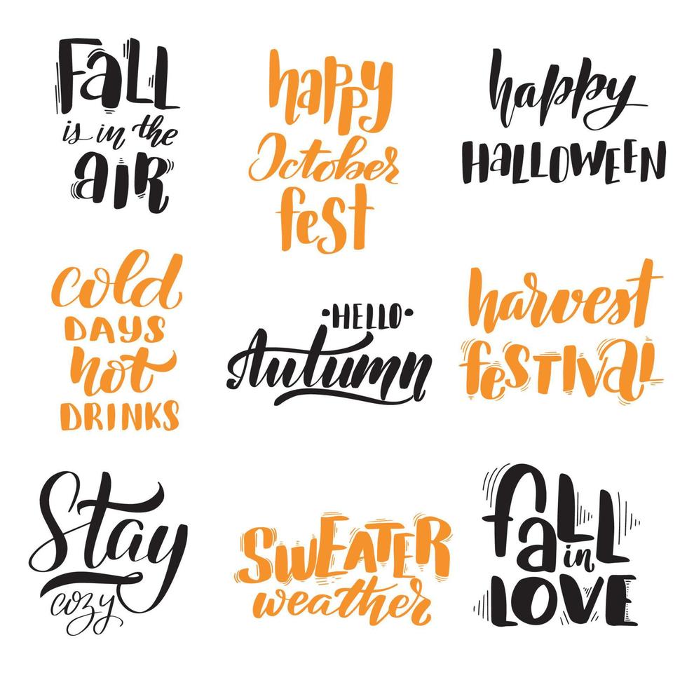 herfst belettering citaten set. inspirerende handgeschreven penseelbelettering. vector kalligrafie stock illustratie geïsoleerd op een witte achtergrond. typografie voor banners, badges, ansichtkaarten, tshirts, prints.