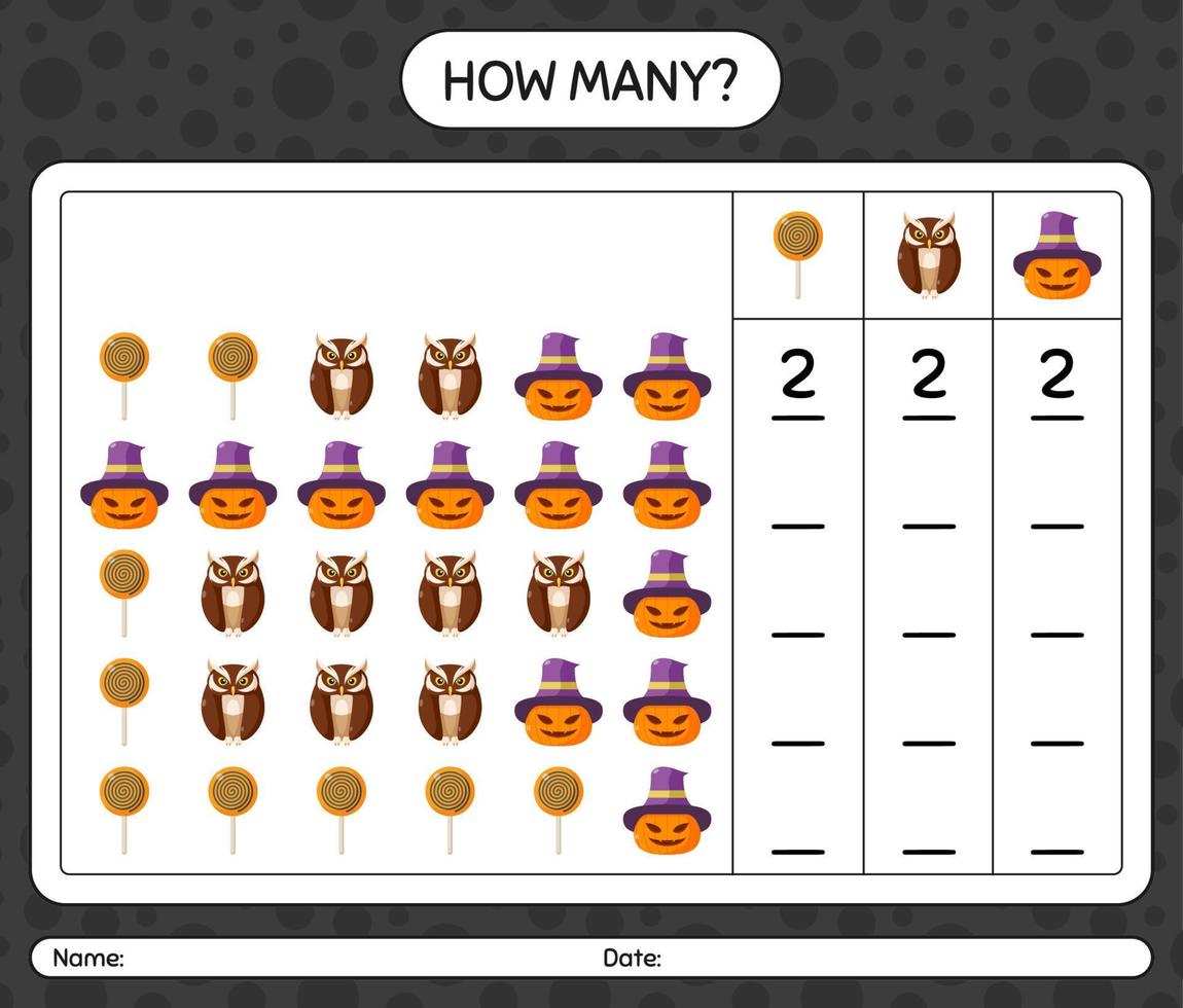 hoeveel telspel met halloween-pictogram. werkblad voor kleuters, activiteitenblad voor kinderen vector