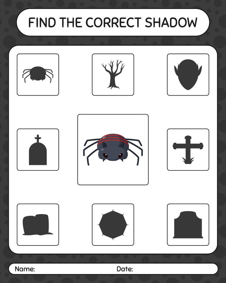 vind het juiste schaduwspel met spin. werkblad voor kleuters, activiteitenblad voor kinderen vector
