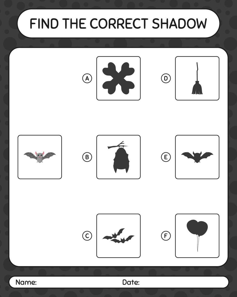 vind het juiste schaduwspel met vleermuis. werkblad voor kleuters, activiteitenblad voor kinderen vector