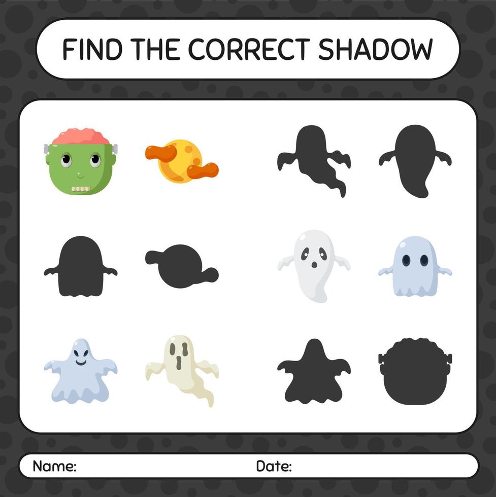 vind het juiste schaduwspel met het halloween-pictogram. werkblad voor kleuters, activiteitenblad voor kinderen vector