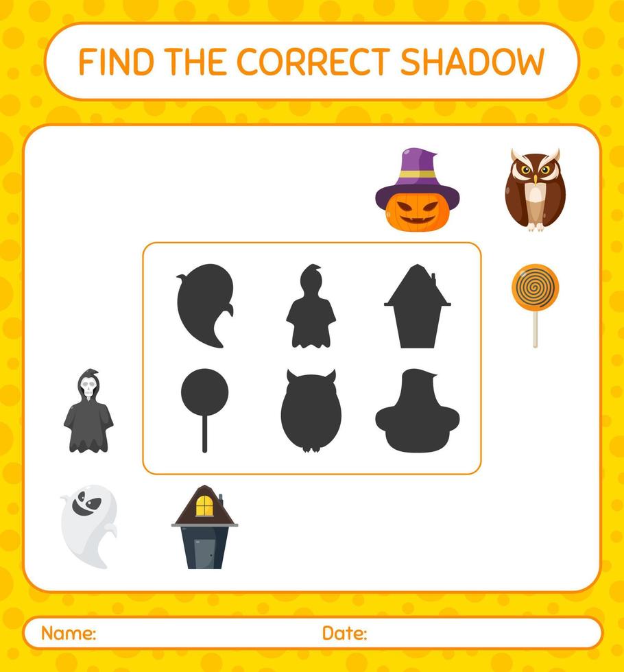 vind het juiste schaduwspel met het halloween-pictogram. werkblad voor kleuters, activiteitenblad voor kinderen vector