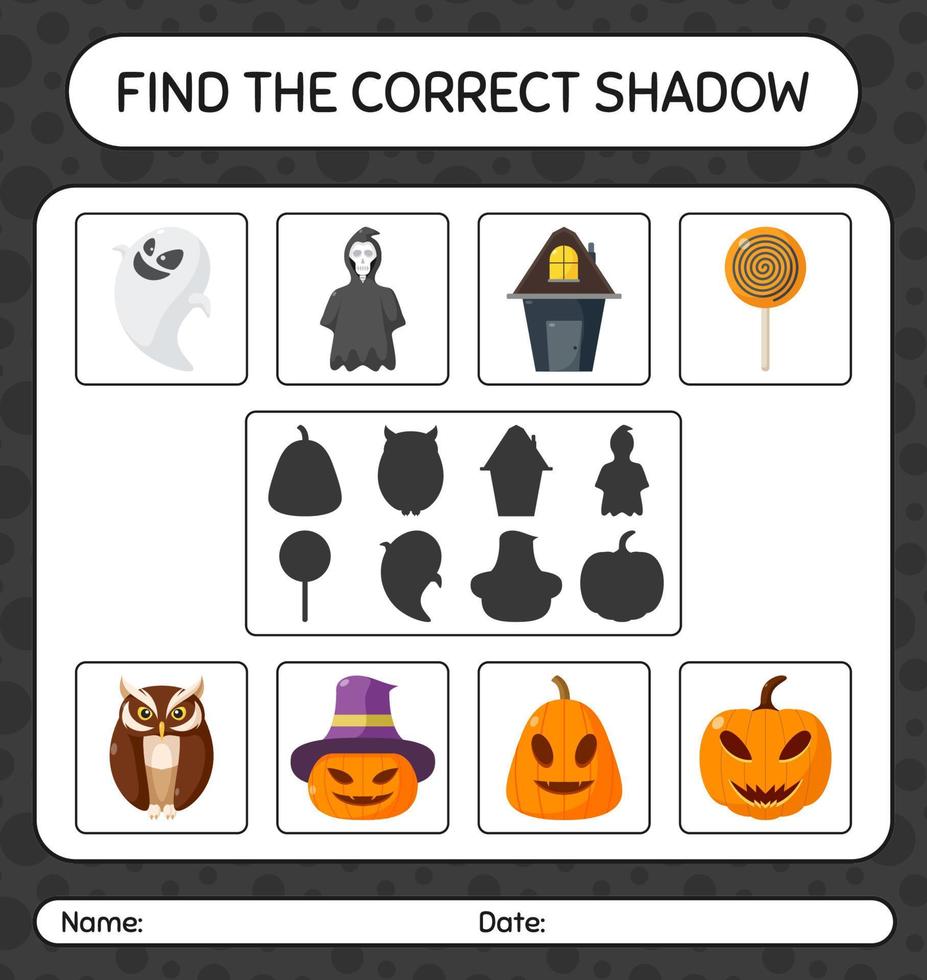 vind het juiste schaduwspel met het halloween-pictogram. werkblad voor kleuters, activiteitenblad voor kinderen vector