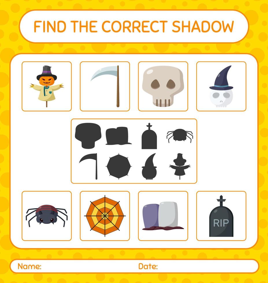 vind het juiste schaduwspel met het halloween-pictogram. werkblad voor kleuters, activiteitenblad voor kinderen vector