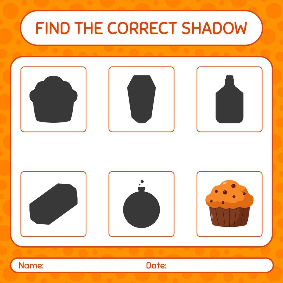 vind het juiste schaduwspel met cupcake. werkblad voor kleuters, activiteitenblad voor kinderen vector