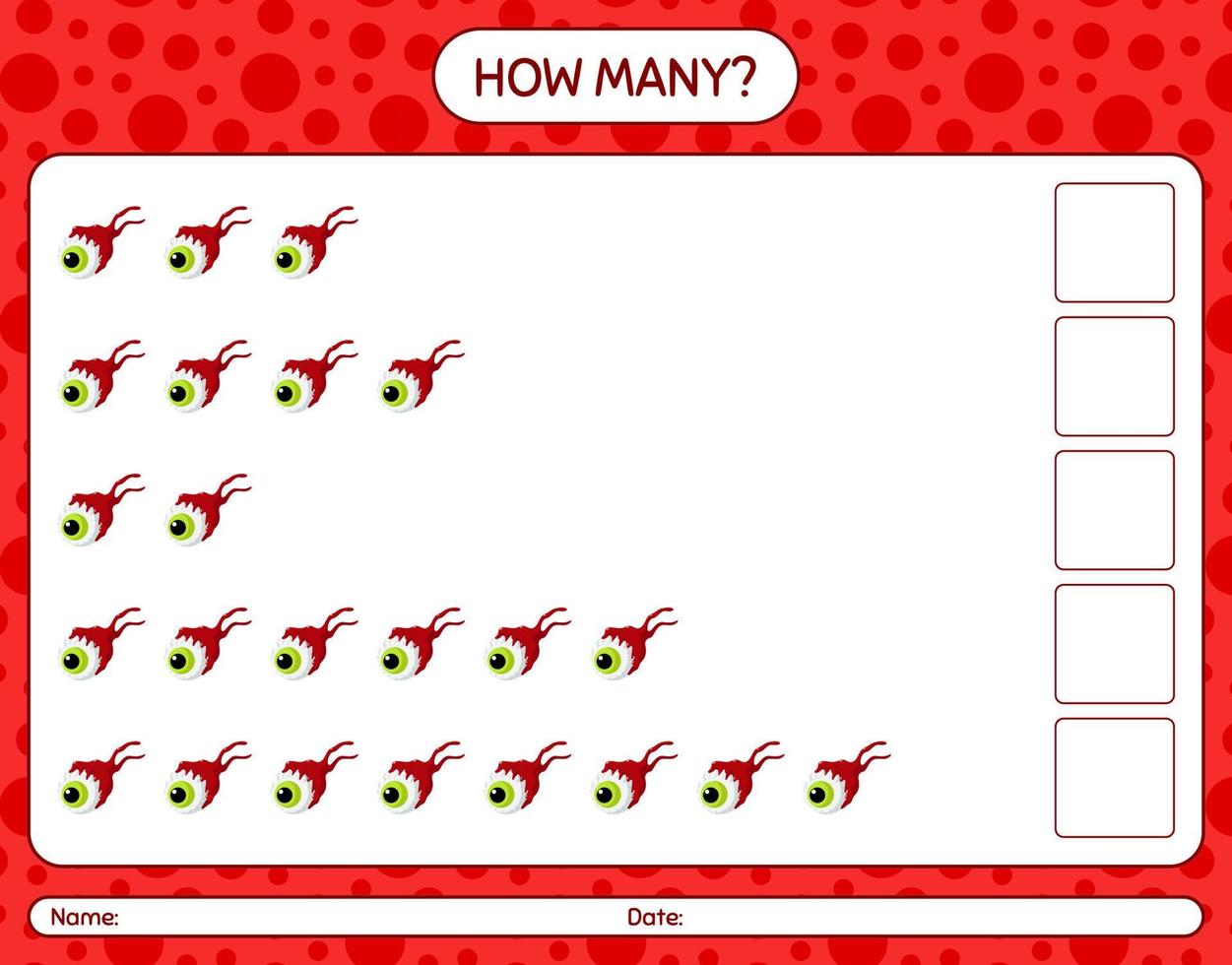 hoeveel tellen spel met oogbol. werkblad voor kleuters, activiteitenblad voor kinderen vector