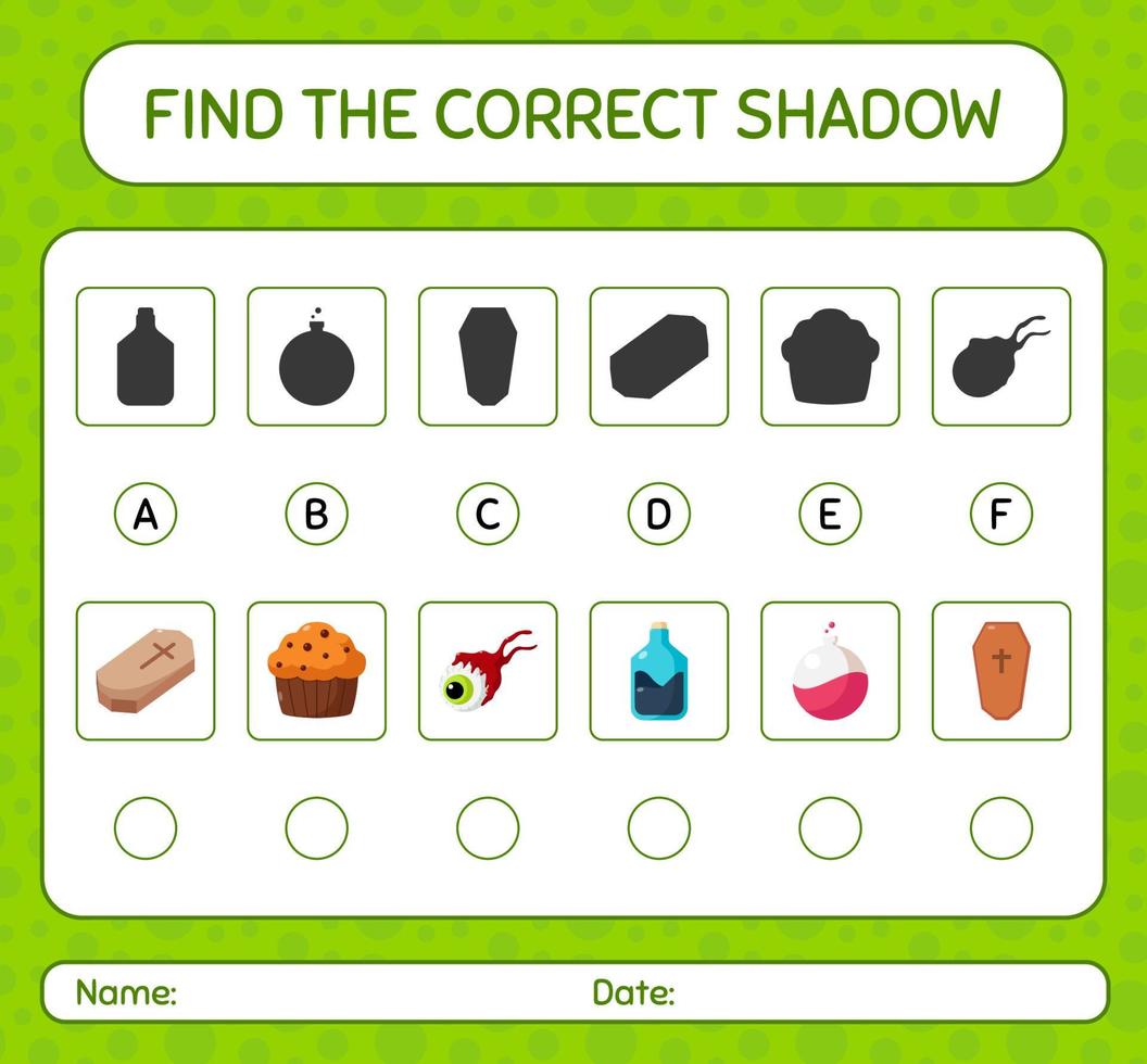 vind het juiste schaduwspel met het halloween-pictogram. werkblad voor kleuters, activiteitenblad voor kinderen vector