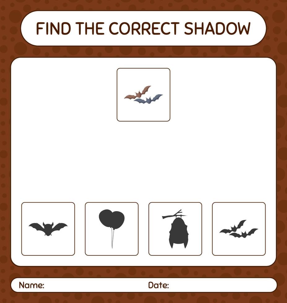 vind het juiste schaduwspel met vleermuis. werkblad voor kleuters, activiteitenblad voor kinderen vector