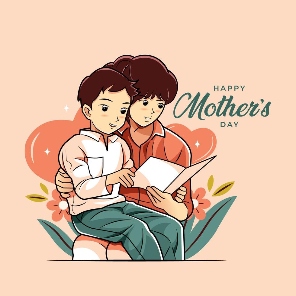 gelukkige Moederdag. een moeder die een wenskaart voorleest aan zoon vectorillustratie pro download vector