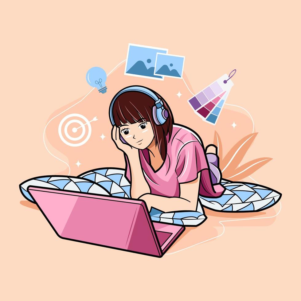 jong meisje ligt ontspannen met behulp van laptop. freelance of studeren concept vectorillustratie gratis download vector