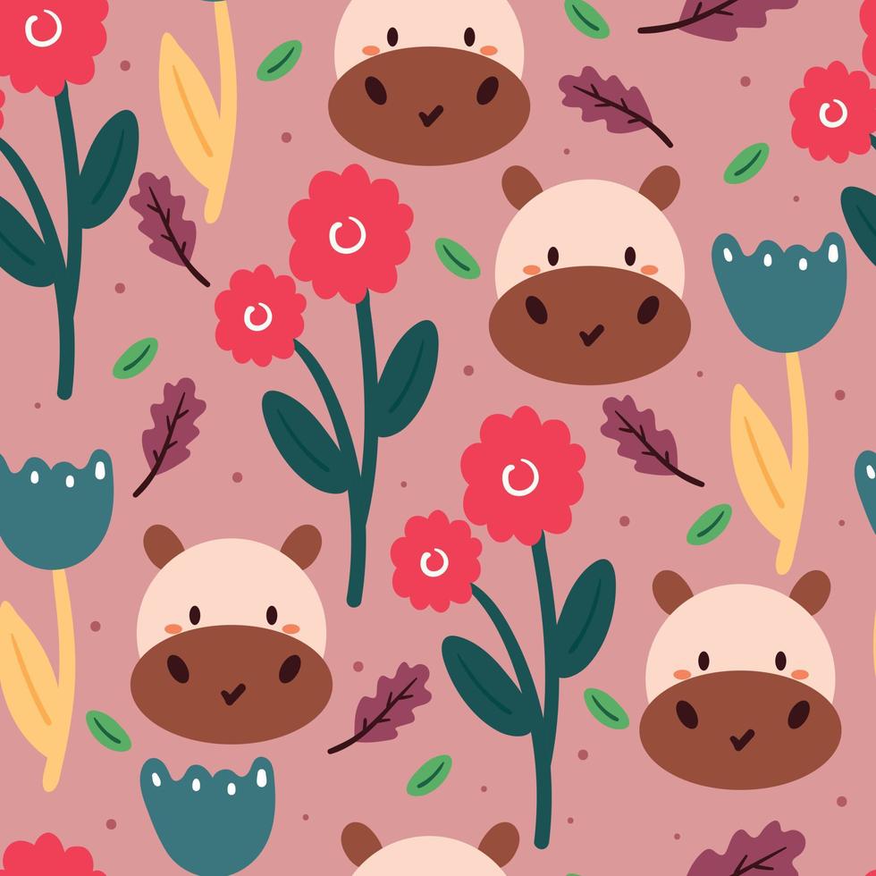 naadloze patroon hand tekenen cartoon nijlpaard en bloem. dierentekening voor stoffenprint, textiel, cadeaupapier vector