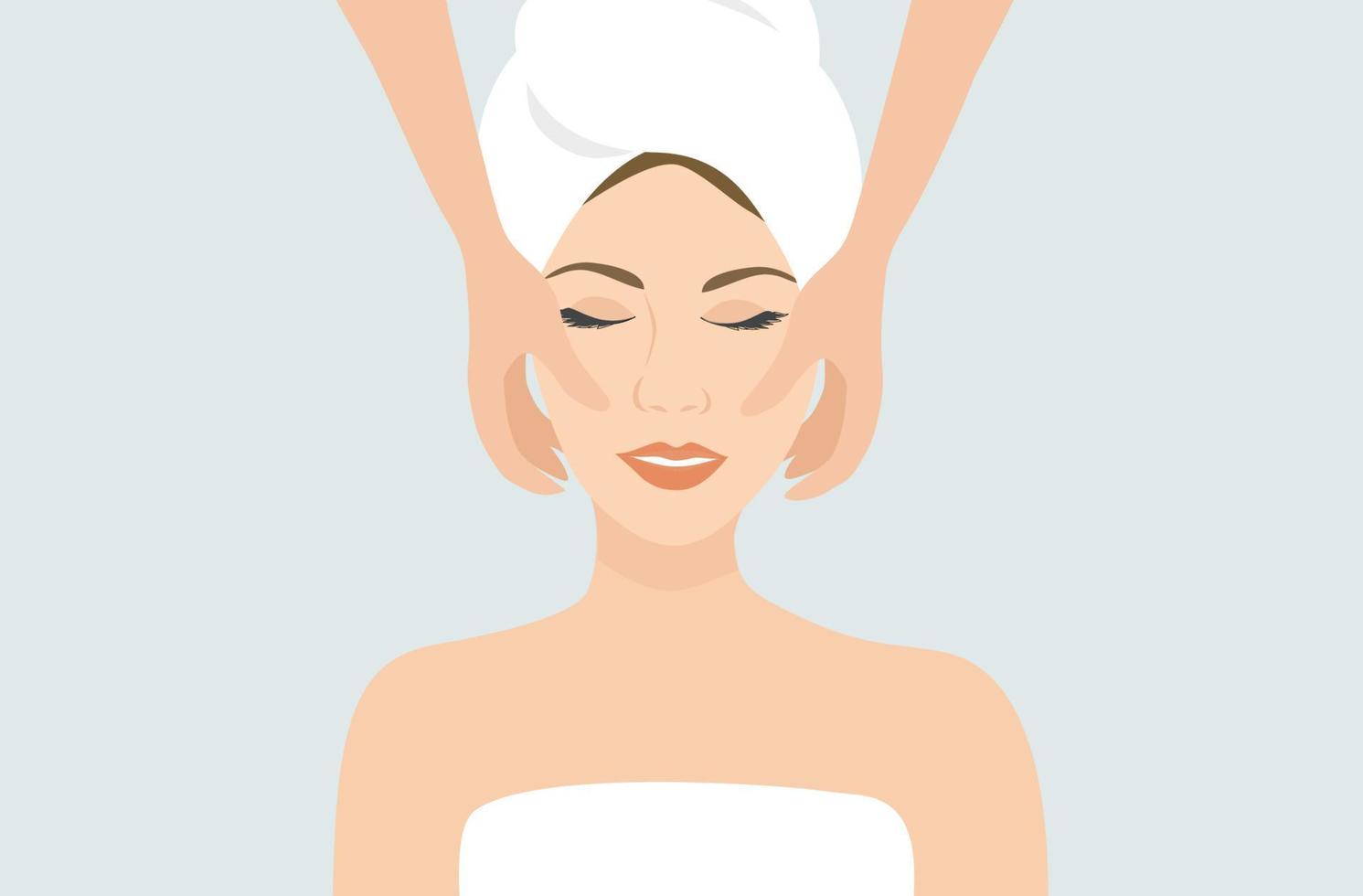 mooie vrouw die gezichtsmassagebehandeling in de vectorillustratie van de kuuroordsalon neemt. schoonheidsbehandeling en spa-massageconcept vector